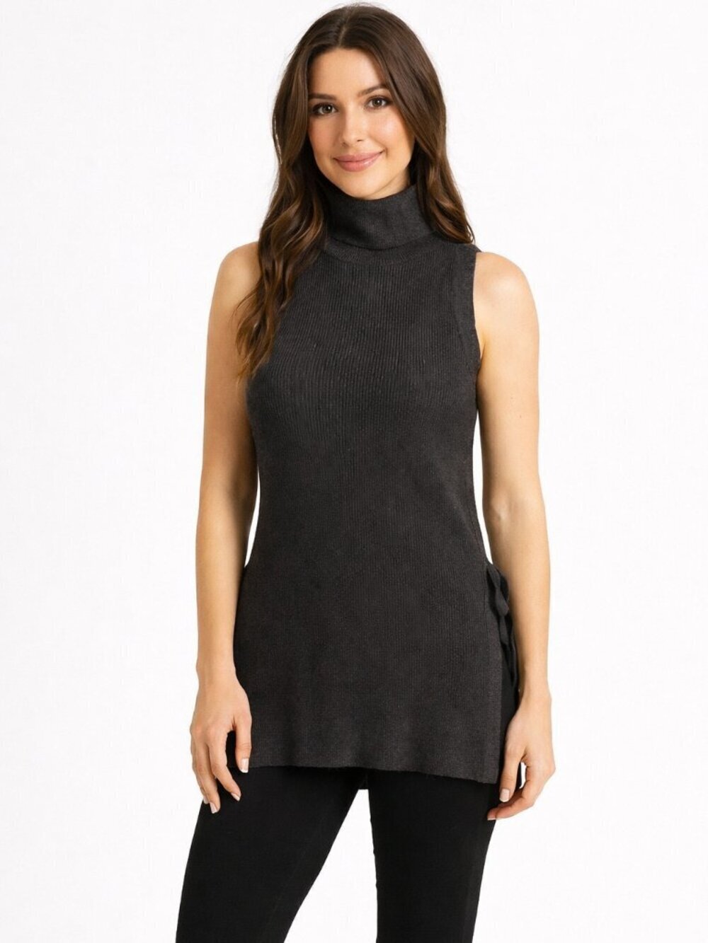 Etcetera Sleeveless Turtleneck Sweater Charcoal Gray Tie-Side Knit Top | Size M